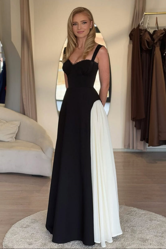 A-Line Black And White Sweetheart Strap Sleeveless Satin Prom Dresses