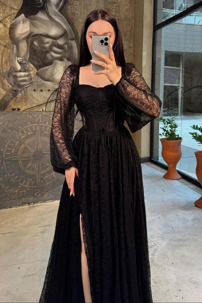 Chic Black Square Long Sleeve Prom Dress A-Line High Split On Sale