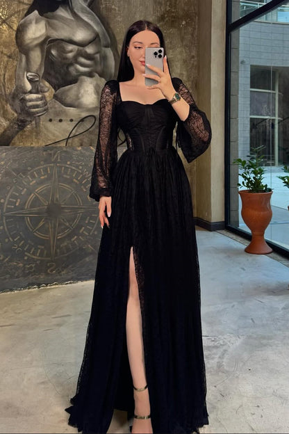 Chic Black Square Long Sleeve Prom Dress A-Line High Split On Sale