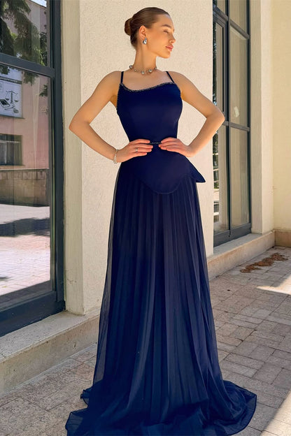Chic Navy Blue Spaghetti-Strap Prom Dresses Sleeveless Floor Length Dress