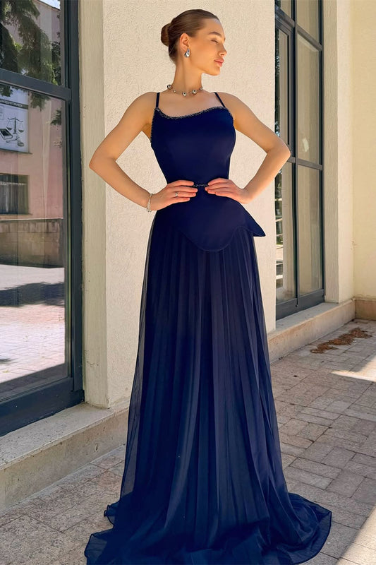 Chic Navy Blue Spaghetti-Strap Prom Dresses Sleeveless Floor Length Dress