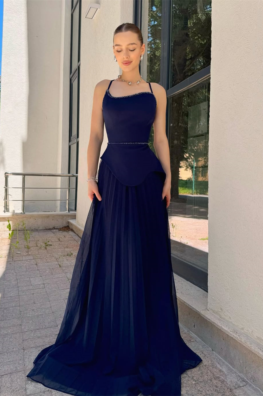 Chic Navy Blue Spaghetti-Strap Prom Dresses Sleeveless Floor Length Dress