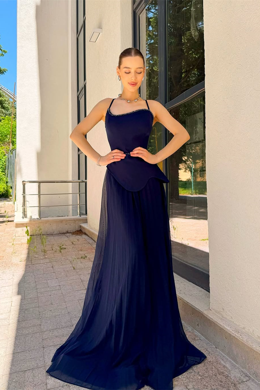 Chic Navy Blue Spaghetti-Strap Prom Dresses Sleeveless Floor Length Dress
