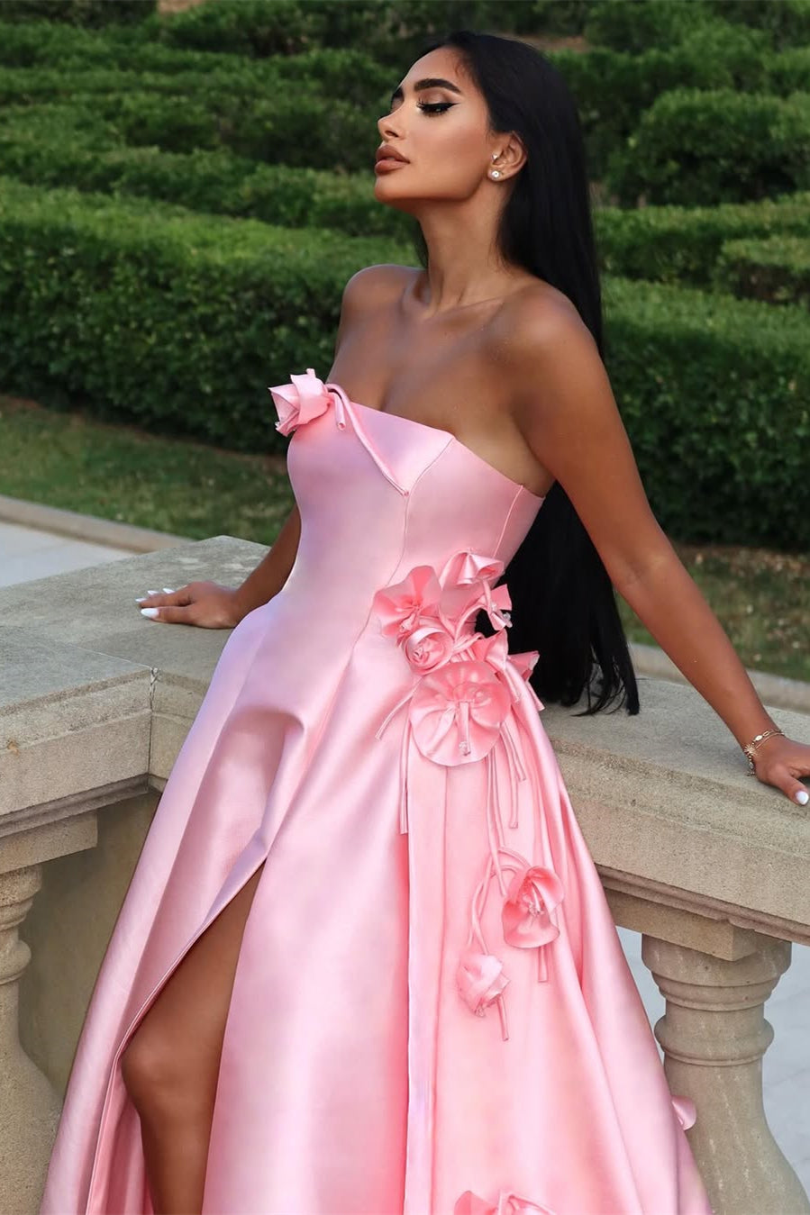 Chic A-Line Pink Satin Strapless Sleeveless Flower High Slit Prom Dress