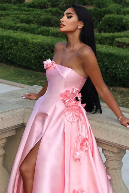 Chic A-Line Pink Satin Strapless Sleeveless Flower High Slit Prom Dress
