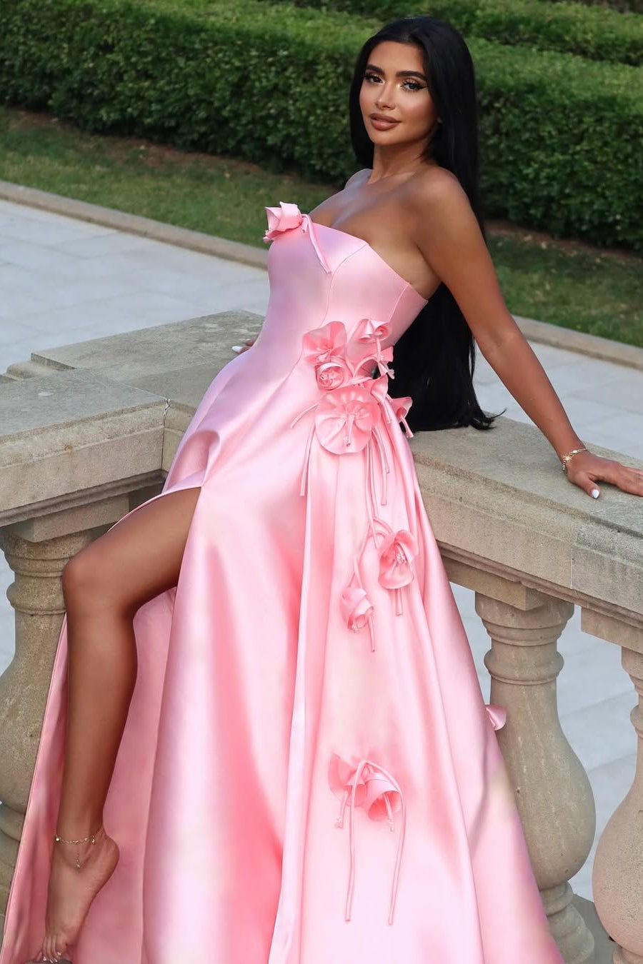 Chic A-Line Pink Satin Strapless Sleeveless Flower High Slit Prom Dress