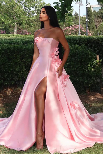 Chic A-Line Pink Satin Strapless Sleeveless Flower High Slit Prom Dress