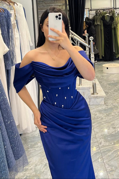 Royal Blue Off-The-Shoulder Satin Prom Dresses Pleats Sheath With Pearls
