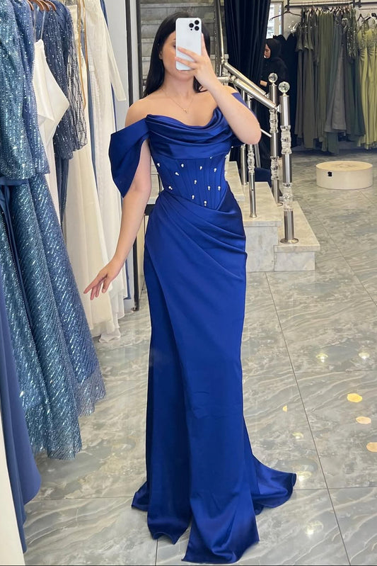 Royal Blue Off-The-Shoulder Satin Prom Dresses Pleats Sheath With Pearls