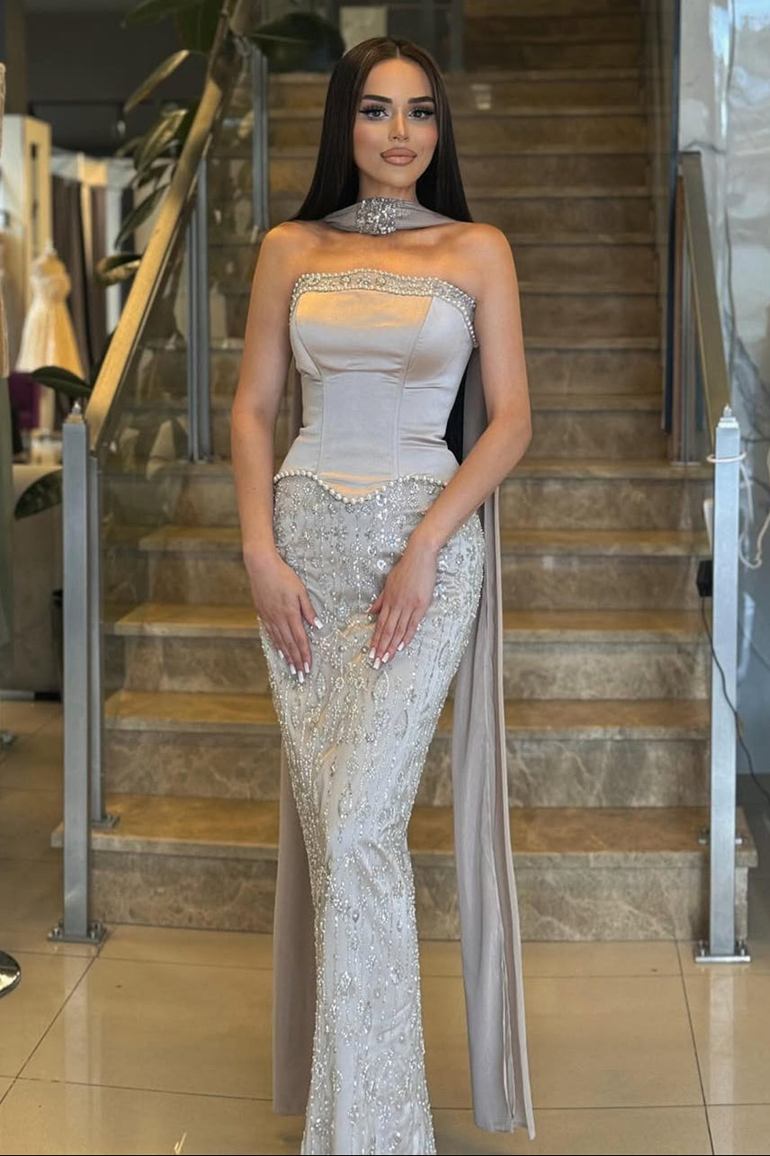 Chic Strapless Sleeveless Mermaid Pearls Prom Dress Gem Sheath With Beads