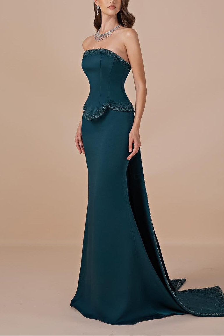 Chic Strapless Sleeveless Mermaid Satin Prom Dresses Column With Beads