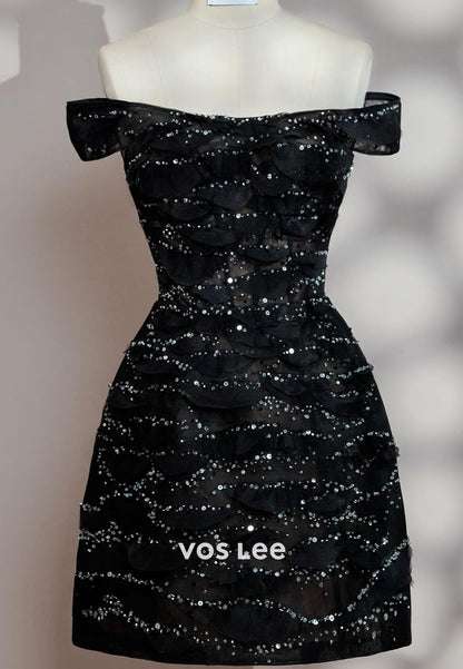 Mini & Short A-Line Off the Shoulder Fully Lace Sequined Pleated Evening Dresses