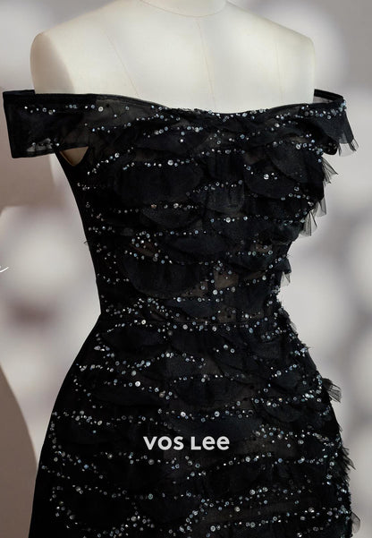 Mini & Short A-Line Off the Shoulder Fully Lace Sequined Pleated Evening Dresses