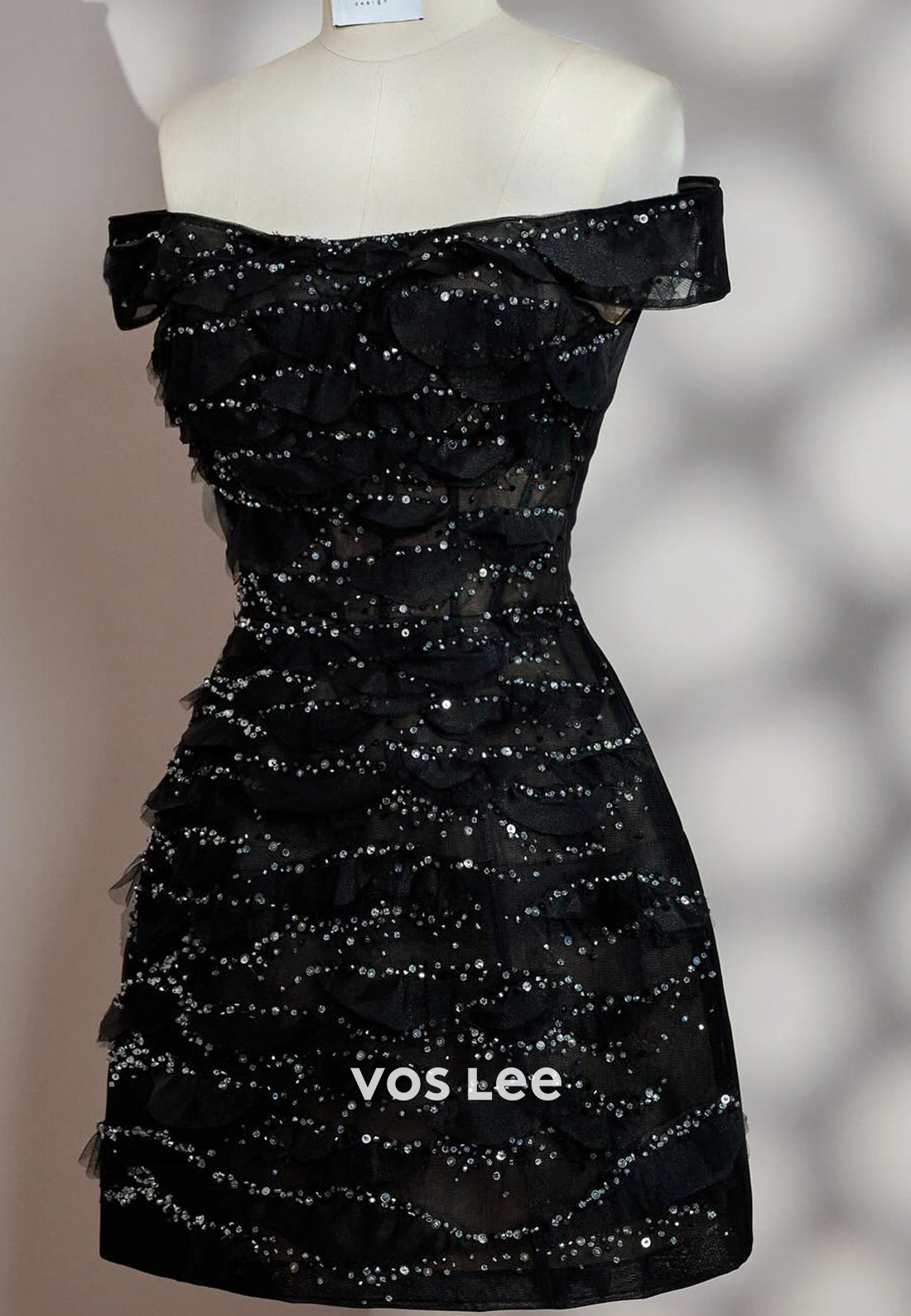 Mini & Short A-Line Off the Shoulder Fully Lace Sequined Pleated Evening Dresses