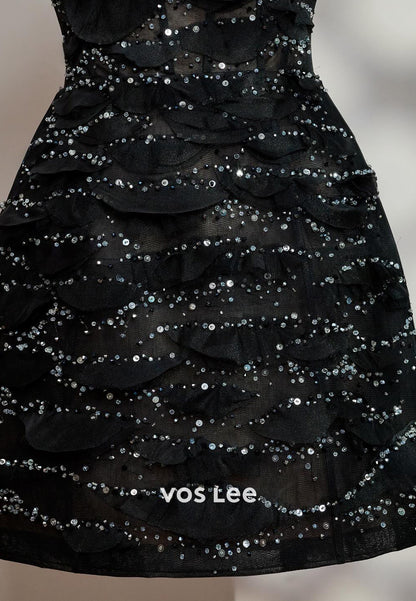 Mini & Short A-Line Off the Shoulder Fully Lace Sequined Pleated Evening Dresses