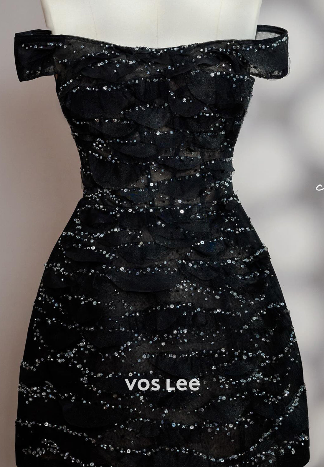 Mini & Short A-Line Off the Shoulder Fully Lace Sequined Pleated Evening Dresses