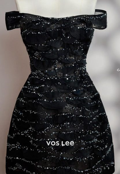 Mini & Short A-Line Off the Shoulder Fully Lace Sequined Pleated Evening Dresses