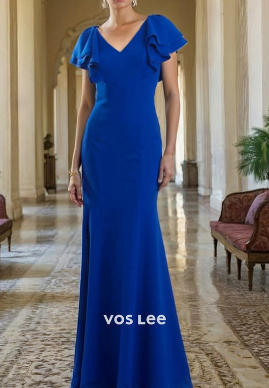 Flutter Sleeves V Neck Beaded Floor-Length Pleated Mermaid Mother of Bride Dresses