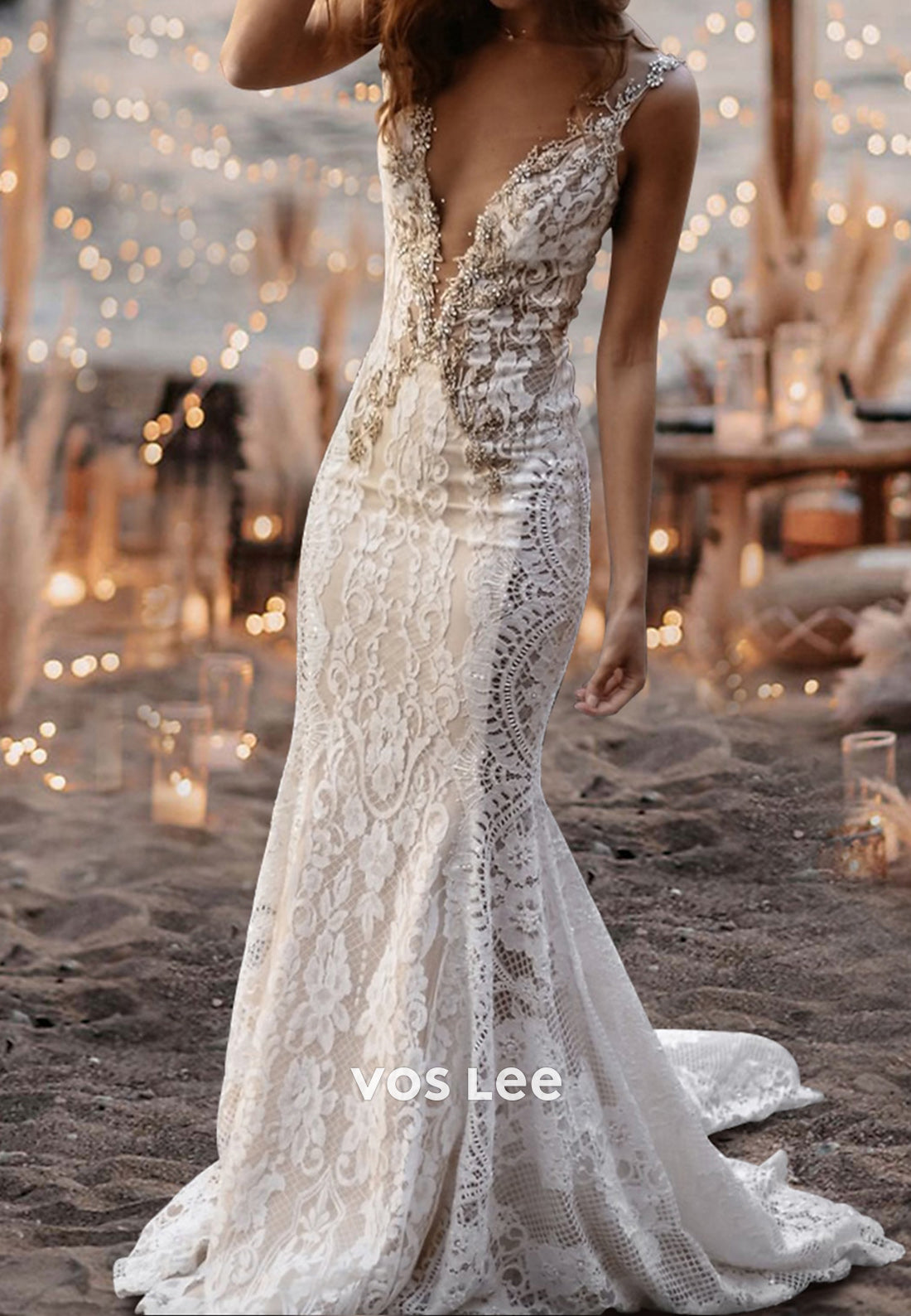 Spaghetti Straps V Neck Appliques Lace Rhinestone Pleated Mermaid Wedding Dresses