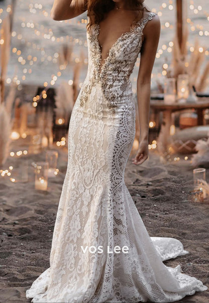 Spaghetti Straps V Neck Appliques Lace Rhinestone Pleated Mermaid Wedding Dresses