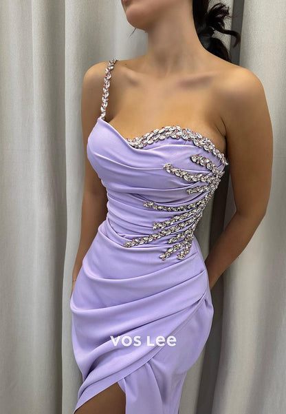 Sexy One Shoulder Rhinestone Pleated Mermaid Evening Dresses with Sweep Train