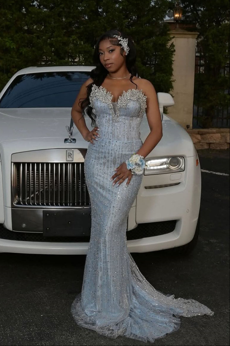 Classic Sweetheart Strapless Crystals Mermaid Prom Dresses Gem With Beads