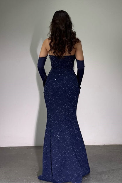 Classy Dark Navy Strapless Mermaid Prom Dress With Detachable Sleeves
