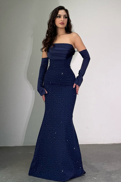 Classy Dark Navy Strapless Mermaid Prom Dress With Detachable Sleeves