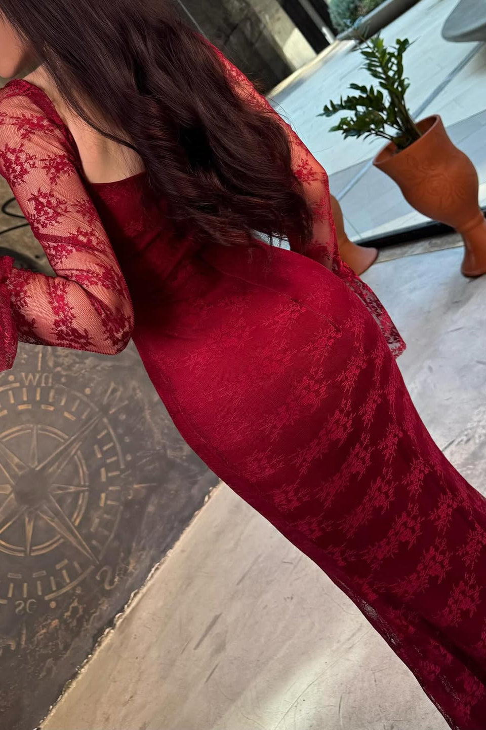 Classy Red Sweetheart Long Sleeve Lace Prom Dress