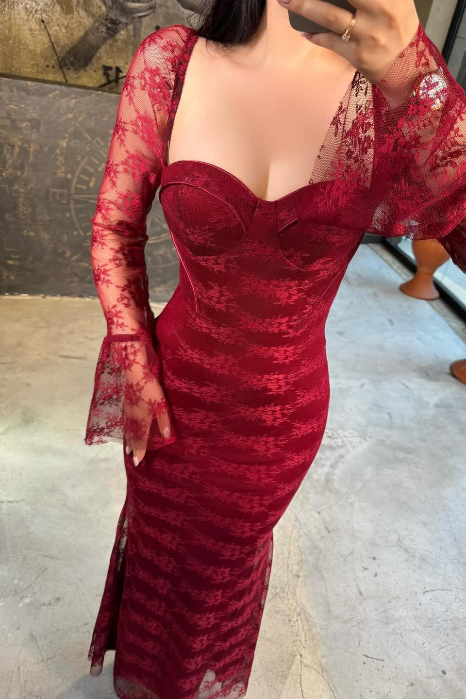 Classy Red Sweetheart Long Sleeve Lace Prom Dress
