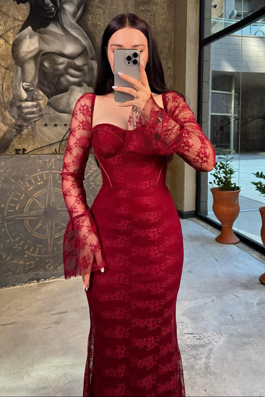 Classy Red Sweetheart Long Sleeve Lace Prom Dress