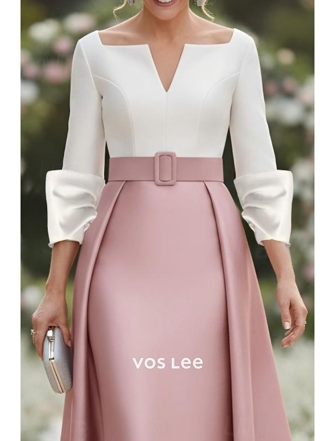 White & Blush Pink Two-Tone Formal Gown | Notched Neckline Bell Sleeve Maxi Dress with Belt