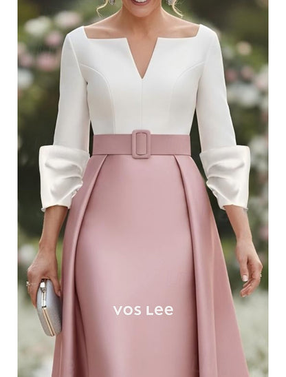 White & Blush Pink Two-Tone Formal Gown | Notched Neckline Bell Sleeve Maxi Dress with Belt
