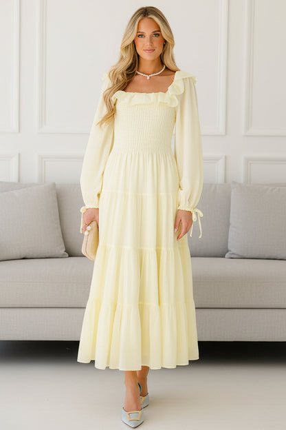 Yellow Smocked Long Sleeve Maxi Dress | Elegant Casual Boho Dress