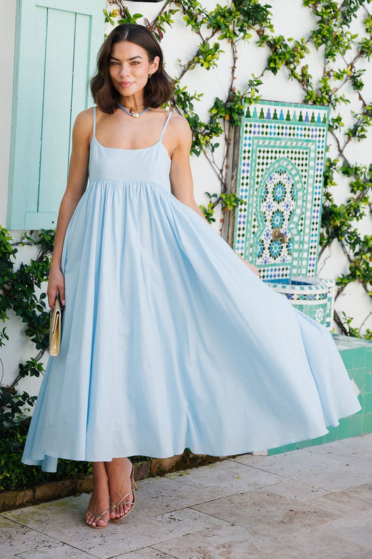 Blue Square Neck Smocked Midi Dress | Elegant Women's Casual Long Dress