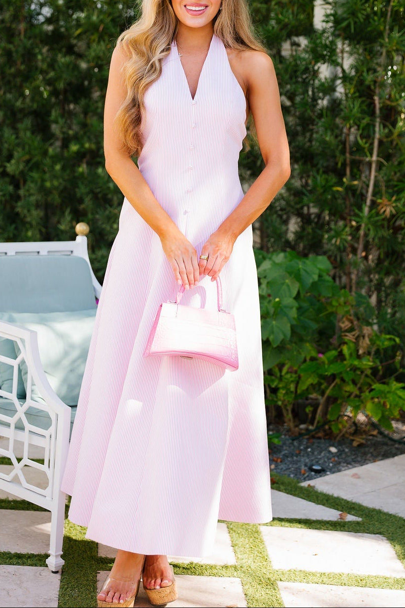 Pink Halter Neck Maxi Dress | Elegant Summer Flowy Dress