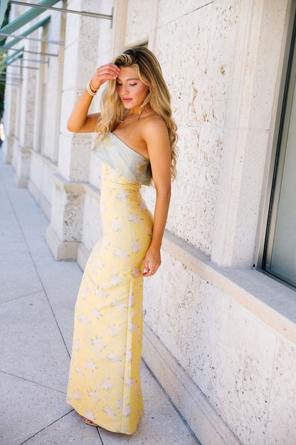 Yellow Floral Strapless Maxi Dress | Formal Evening Gown for Weddings & Guest Attire