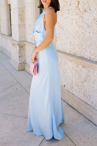 Light Blue Satin Maxi Dress | V-Neck Backless Gown for Weddings