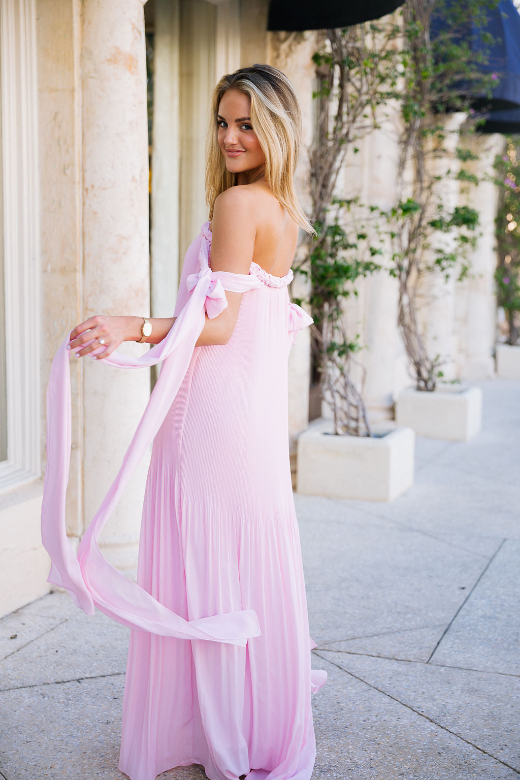Chic Pink Off Shoulder Bridesmaid Dress | Flowy Pleated Maxi Gown for Special Occasions