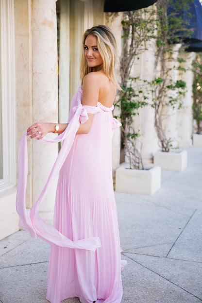 Chic Pink Off Shoulder Bridesmaid Dress | Flowy Pleated Maxi Gown for Special Occasions