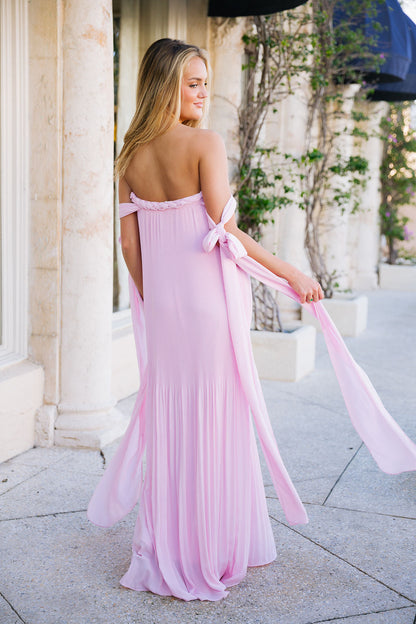 Chic Pink Off Shoulder Bridesmaid Dress | Flowy Pleated Maxi Gown for Special Occasions