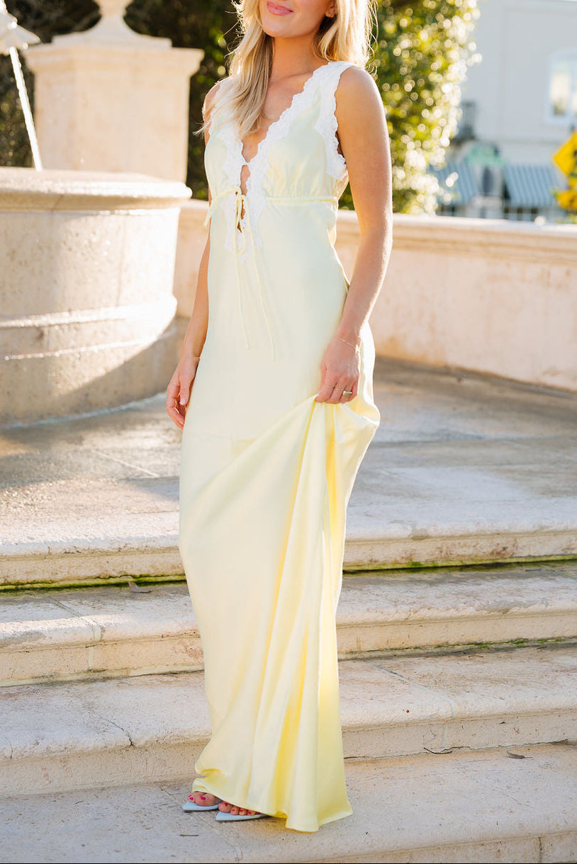 Chic Yellow Lace Trim Bridesmaid Dress Deep V Backless Gown