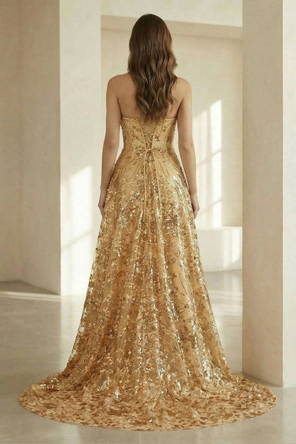 Gold Strapless A Line Sequined Lace Formal Prom Dresses With Slit