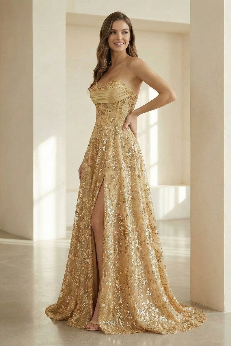 Gold Strapless A Line Sequined Lace Formal Prom Dresses With Slit