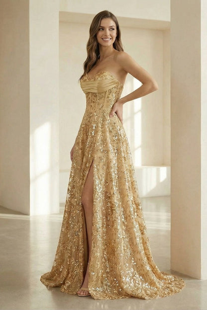 Gold Strapless A Line Sequined Lace Formal Prom Dresses With Slit