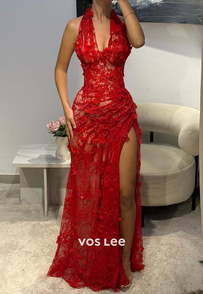 Green Halter Appliques Lace Pleated Mermaid Prom Dresses with Side Split