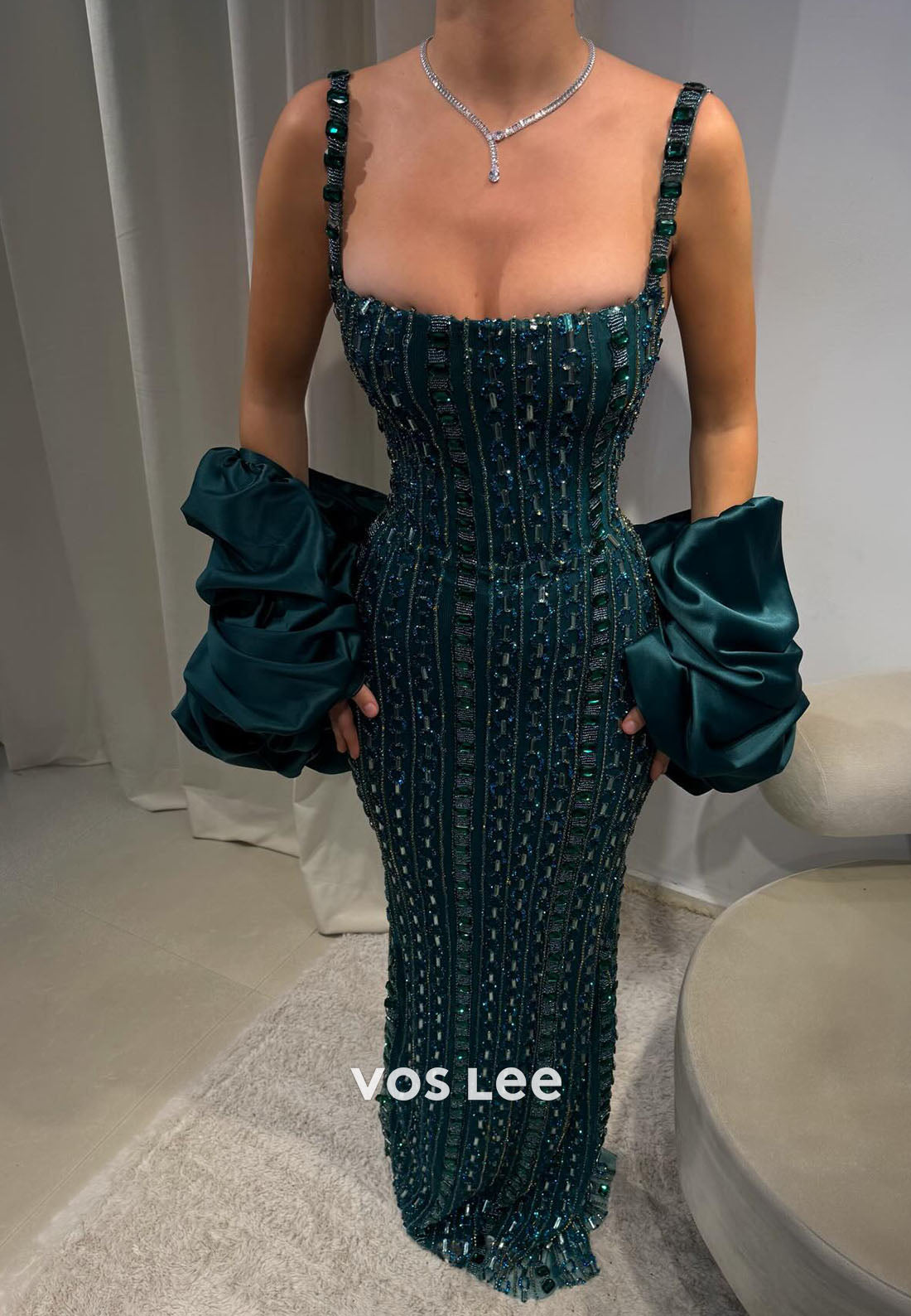 Luxury Emerald Green Square Beaded Evening Dress Prom Dress