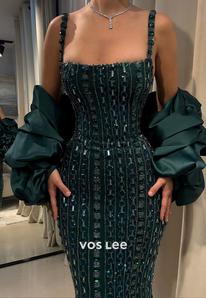 Luxury Emerald Green Square Beaded Evening Dress Prom Dress