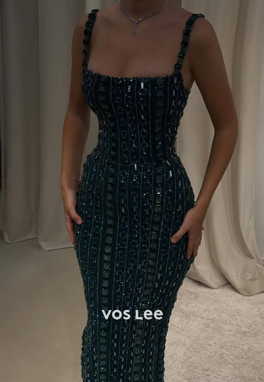 Luxury Emerald Green Square Beaded Evening Dress Prom Dress