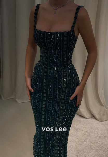 Luxury Emerald Green Square Beaded Evening Dress Prom Dress